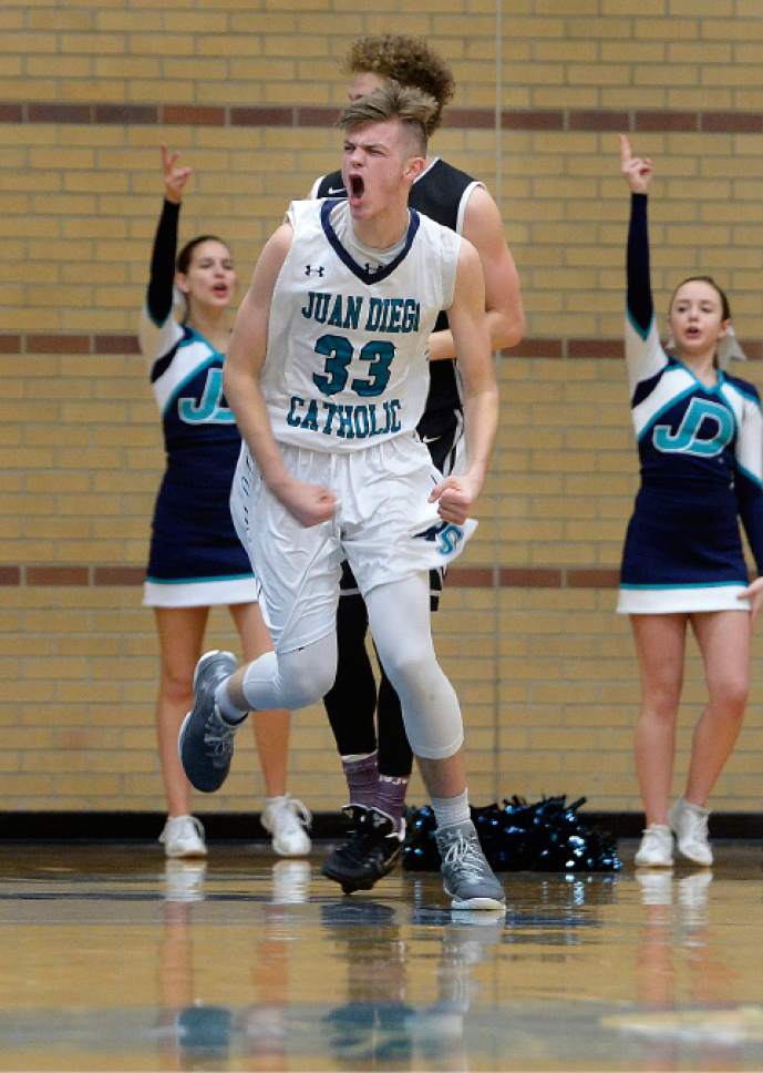 Scott Sommerdorf   |  The Salt Lake Tribune  
Juan Diego's Brennan Fabry yells after a physical outback during second half play. Juan Diego defeated Pine View 47-42 in a boys 3A playoff, Friday, February 17, 2017.