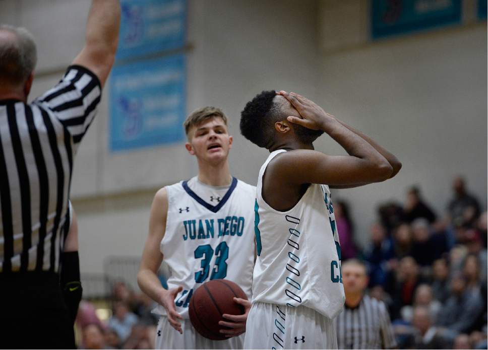 Scott Sommerdorf   |  The Salt Lake Tribune  
Juan Diego's Jason Ricketts can't believe he's been ticketed for a foul during second half play. Juan Diego defeated Pine View 47-42 in a boys 3A playoff, Friday, February 17, 2017.