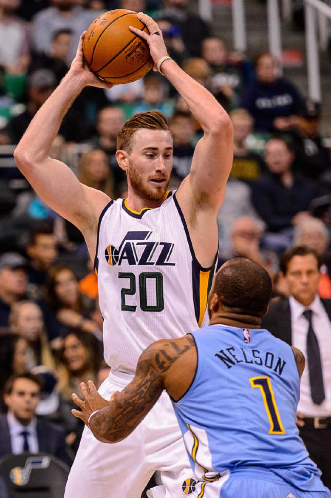 Trent Nelson  |  The Salt Lake Tribune
Utah Jazz forward Gordon Hayward (20) defended by Denver Nuggets guard Jameer Nelson (1) as the Utah Jazz host the Denver Nuggets in Salt Lake City, Wednesday November 23, 2016.