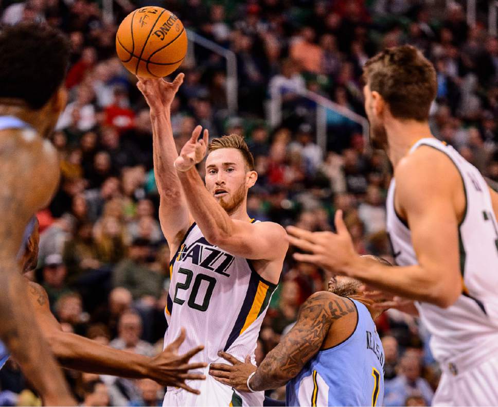 Trent Nelson  |  The Salt Lake Tribune
Utah Jazz forward Gordon Hayward (20) passes the ball as the Utah Jazz host the Denver Nuggets in Salt Lake City, Wednesday November 23, 2016.