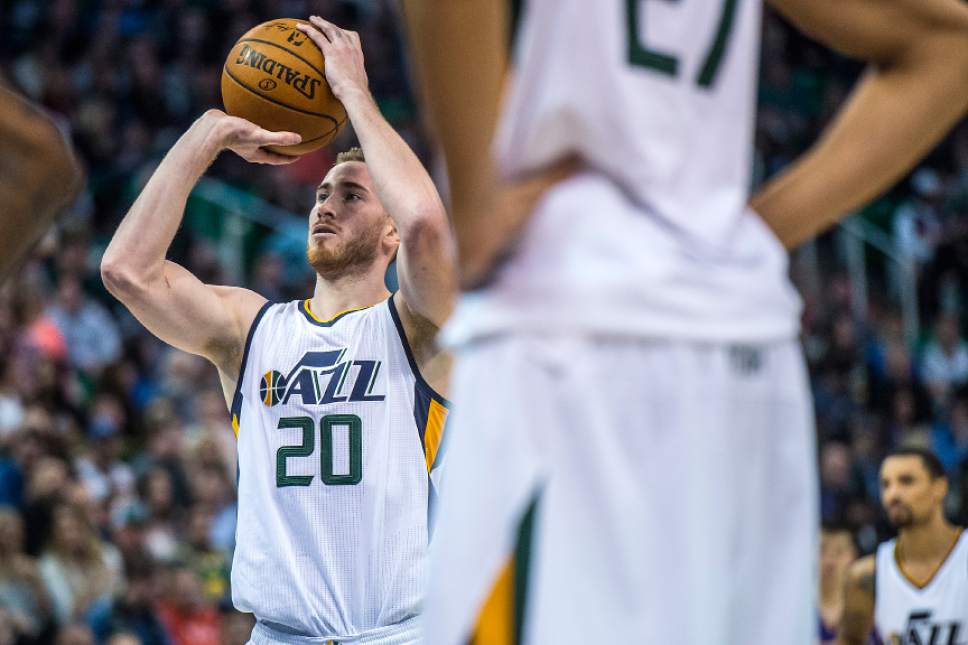 Chris Detrick  |  The Salt Lake Tribune
Utah Jazz forward Gordon Hayward (20) shoots a free throw during the game at Vivint Smart Home Arena Thursday January 26, 2017.