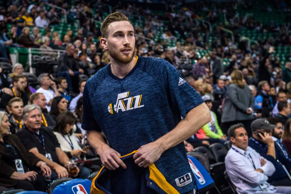 Chris Detrick  |  The Salt Lake Tribune
Utah Jazz forward Gordon Hayward (20) before the game at Vivint Smart Home Arena Thursday January 26, 2017.