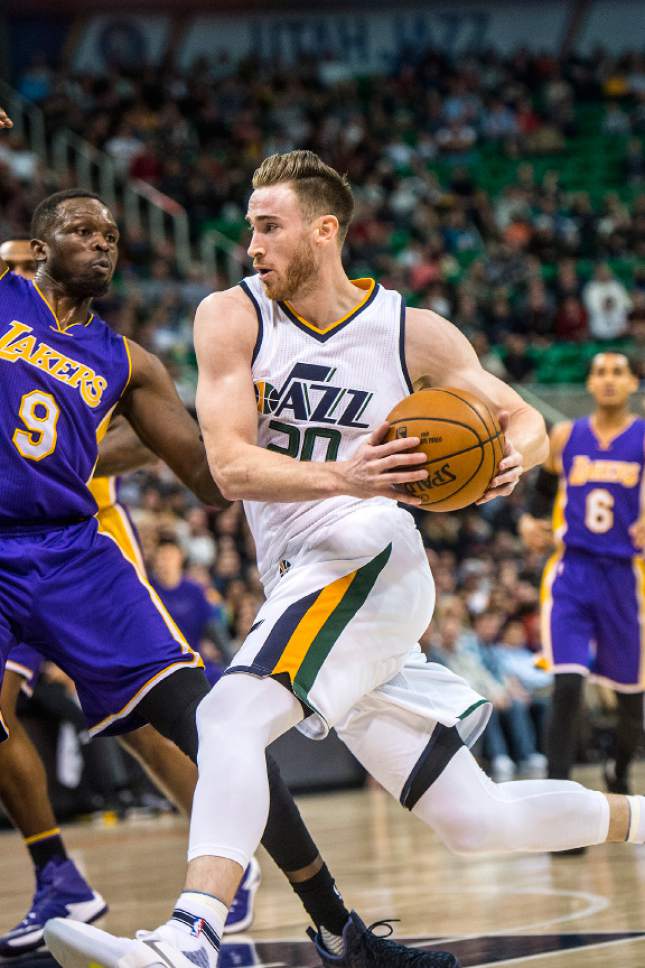 Chris Detrick  |  The Salt Lake Tribune
Utah Jazz forward Gordon Hayward (20) runs past Los Angeles Lakers forward Luol Deng (9) during the game at Vivint Smart Home Arena Thursday January 26, 2017.