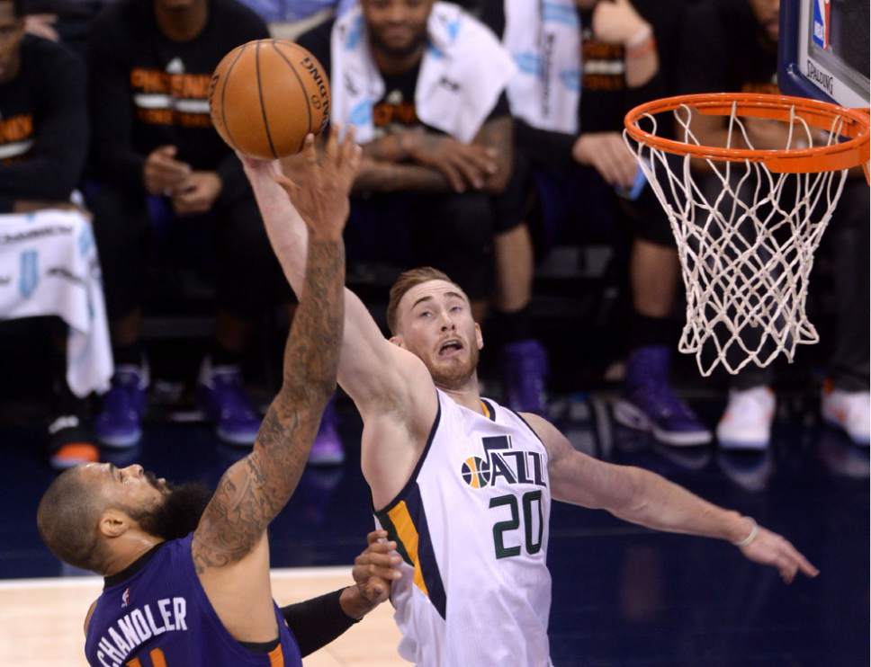 Steve Griffin / The Salt Lake Tribune


Utah Jazz forward Gordon Hayward (20) tries to block the shot of Phoenix Suns center Tyson Chandler (4) during the Utah Jazz versus the Phoenix Suns NBA game at Vivint Smart Home Arena in Salt Lake City Tuesday December 6, 2016.