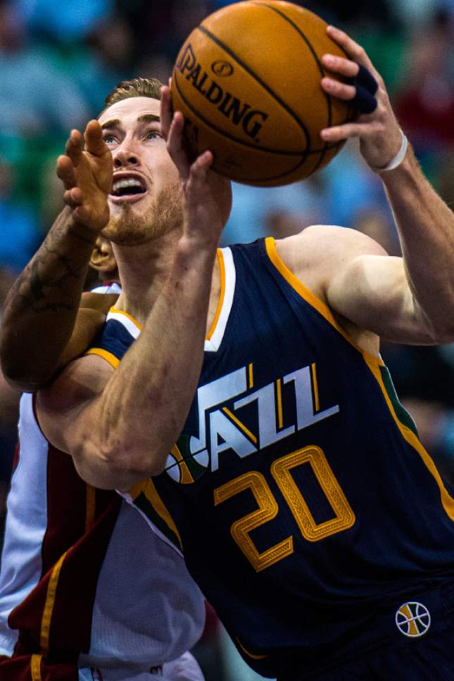Chris Detrick  |  The Salt Lake Tribune
Utah Jazz forward Gordon Hayward (20) runs past Miami Heat guard Rodney McGruder (17) during the game at Vivint Smart Home Arena Thursday December 1, 2016.
