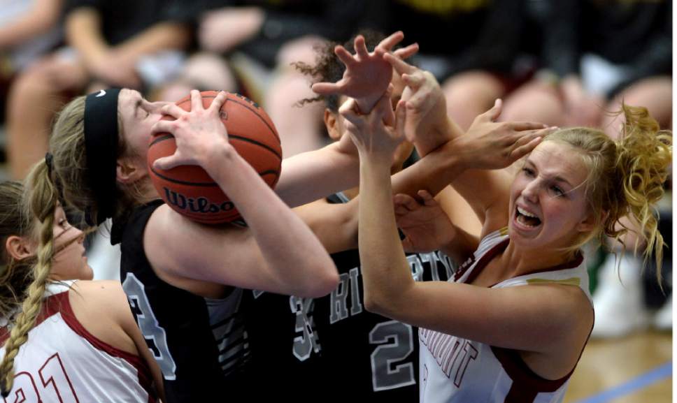 Steve Griffin  |  The Salt Lake Tribune


Riverton's Morgan Kane rips a rebound away from Viewmont's Samantha Hogge during the girl's 5A basketball tournament game at the SLCC gym in Salt Lake City Monday February 20, 2017