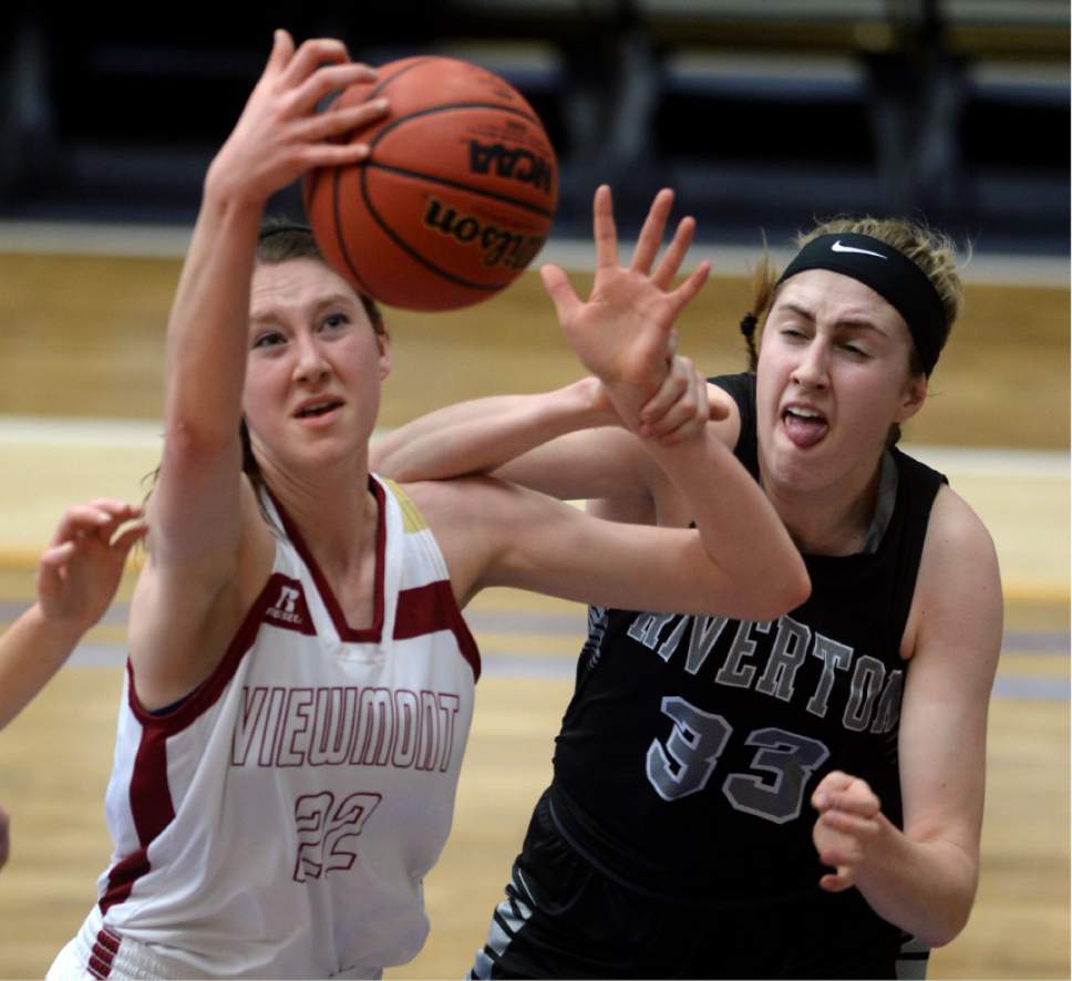 Steve Griffin  |  The Salt Lake Tribune


Viewpoint's Megan Carr snags a rebound in front of Riverton's Morgan Kane during the girl's 5A basketball tournament game at the SLCC gym in Salt Lake City Monday February 20, 2017