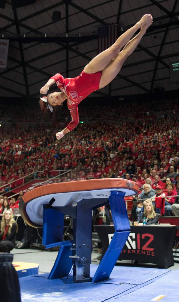 Rick Egan  |  The Salt Lake Tribune

Kari Lee competes on the vault for the Utes, in gymnastics action, Utah vs UCLA, at the Huntsman Center, Saturday, February 18, 2017.