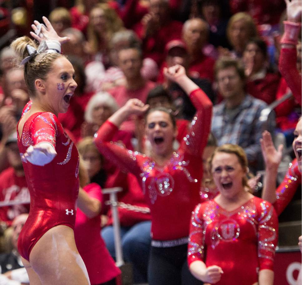 Rick Egan  |  The Salt Lake Tribune

MyKayla Skinner reacts after her bars routine, for the Utes, in gymnastics action, Utah vs UCLA, at the Huntsman Center, Saturday, February 18, 2017.
