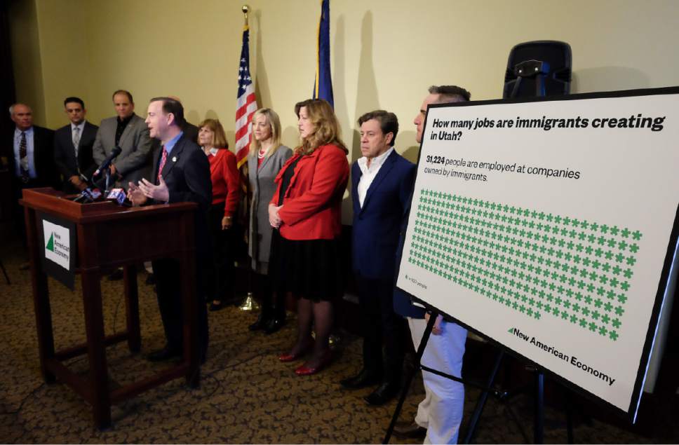 Francisco Kjolseth | The Salt Lake Tribune
Members of the New American Economy showcase the positive economic impact that immigrants make as job creators during a press event at the Utah Capitol on Tuesday, Feb. 21, 2017.