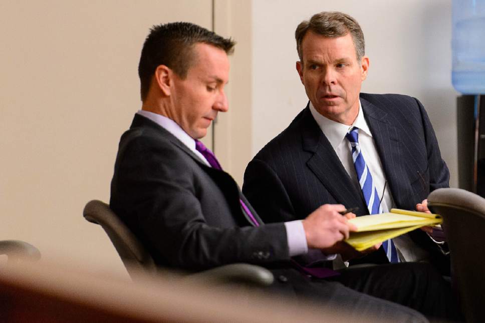 Trent Nelson  |  The Salt Lake Tribune
Defense attorney Brad Anderson and John Swallow confer as John Swallow's public-corruption trial resumes in Salt Lake City, Tuesday February 21, 2017.
