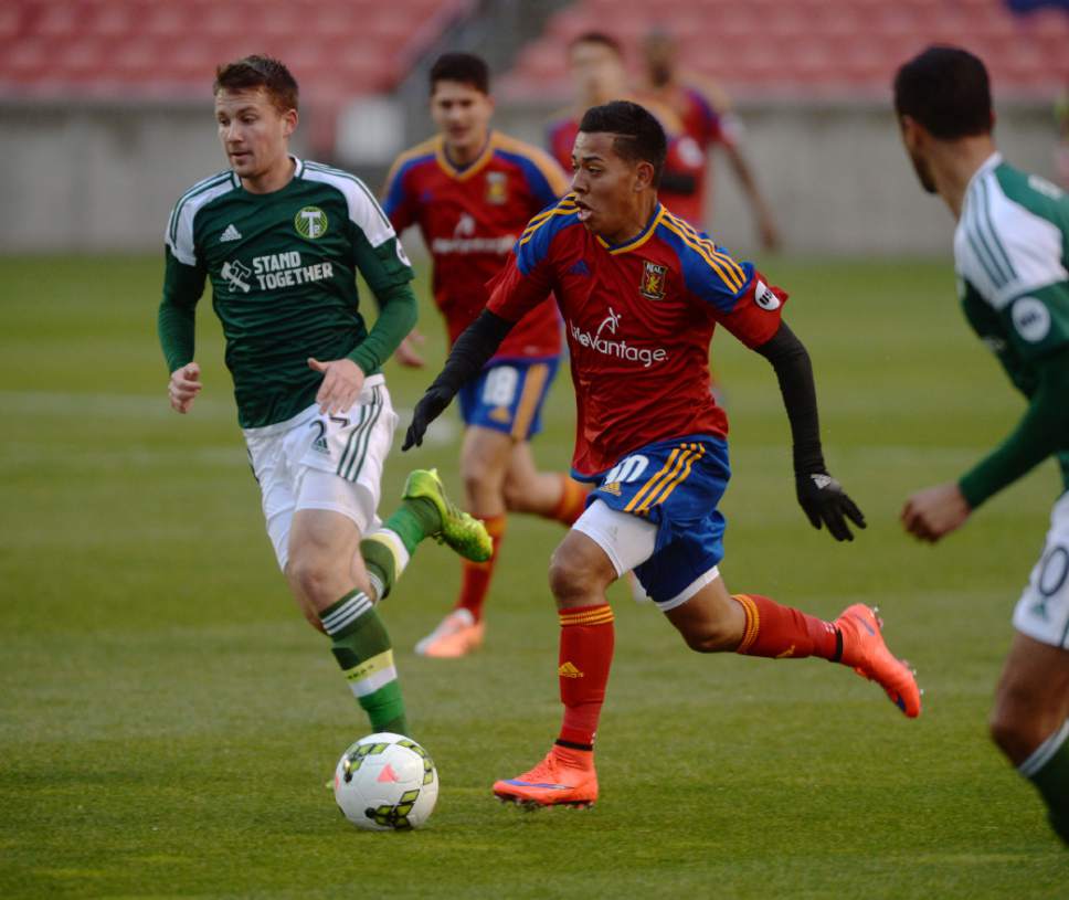 Steve Griffin  |  The Salt Lake Tribune

Sebastian Saucedo of the Real Monarchs sprints toward the goal as the Monarchs  start their home schedule against the Portland Timbers 2 at Rio Tinto Stadium in Sandy, Wednesday, April 8, 2015.