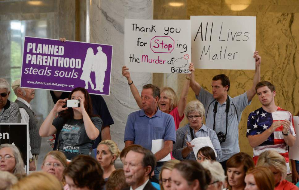 Francisco Kjolseth |  Tribune file photo
People gather at the Utah Capitol as part of the "Women Betrayed" rally on Wednesday, Aug. 19, 2015, in support to Gov. Gary Herbert's decision to halt state contracts with Planned Parenthood of Utah.