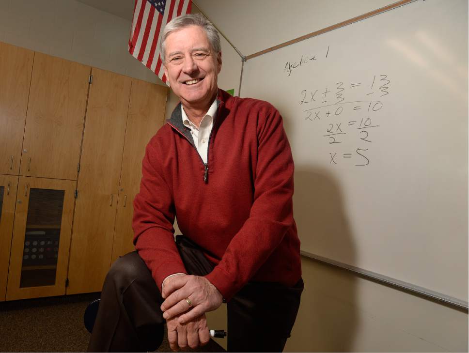 Scott Sommerdorf   |  The Salt Lake Tribune  
University of Utah athletic director Chris Hill poses in a math classroom, Thursday, February 9, 2017, with an equation like the ones he taught during his time there as a teacher. Early in his career, Hill spent four years at Granger High as a math teacher and basketball coach.
