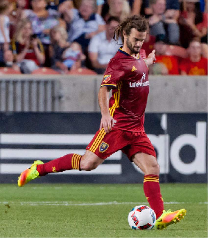 Michael Mangum  |  Special to the Tribune

Real Salt Lake midfielder Kyle Beckerman (5) sends out a pass during their MLS match at Rio Tinto Stadium in Sandy, Utah on Friday, July 22nd, 2016.