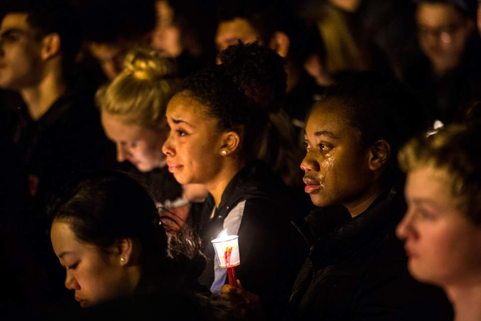 Chris Detrick  |  The Salt Lake Tribune
Students, family, friends and community members gather for a candlelight vigil Friday February 17, 2017. Police have identified two West High School students who were killed Thursday in a downtown Salt Lake City car crash. The students, 17-year-old Vidal Pacheco and 18-year-old Dylan Hernandez, were passengers in a northbound car driven by a third teen, which witnesses said appeared to be racing another car and traveling in excess of 70 mph on 300 West about 11:30 a.m., said Salt Lake City police Detective Cody Lougy.