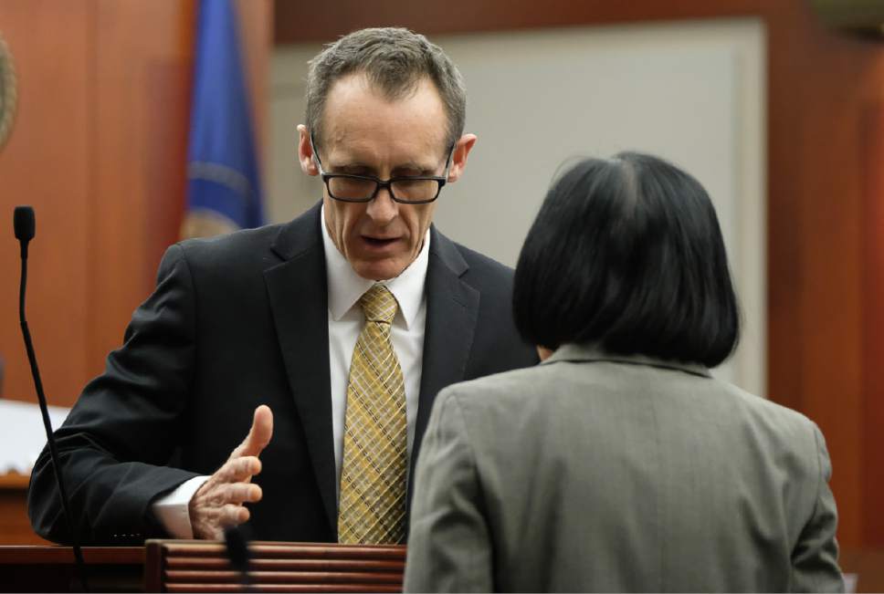 Francisco Kjolseth | The Salt Lake Tribune
Assistant Salt Lake County District Attorney Fred Burmester speaks with prosecutor Chou Chou Collins on day 10 of the John Swallow public-corruption trial in Salt Lake City, Wednesday, February 22, 2017.