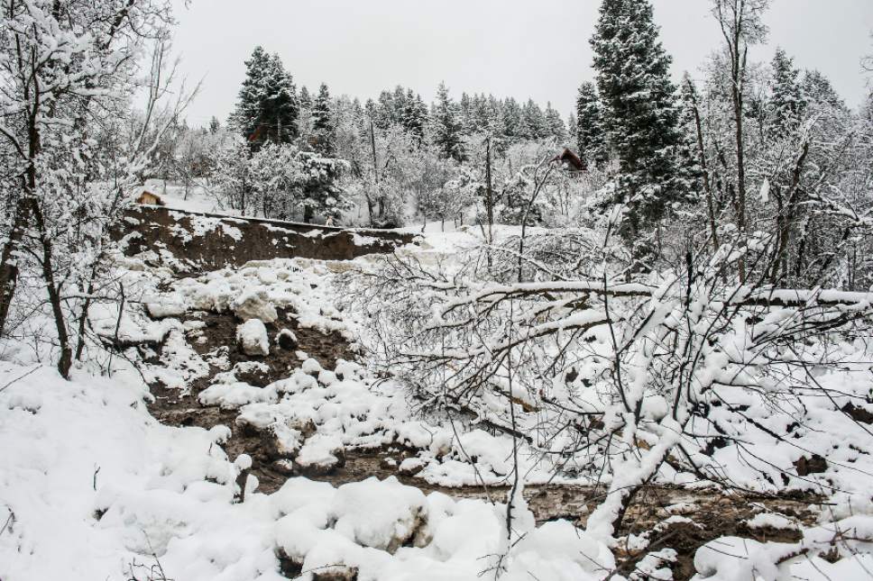 Chris Detrick  |  The Salt Lake Tribune
A 150 foot-wide mudslide near Carolyn and Ted McGrath's house in Eden Wednesday February 22, 2017.