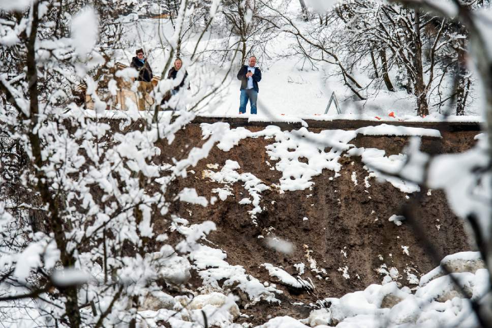 Chris Detrick  |  The Salt Lake Tribune
A 150 foot-wide mudslide near Carolyn and Ted McGrath's house in Eden Wednesday February 22, 2017.