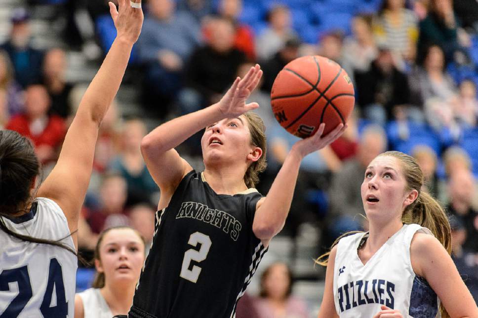 Trent Nelson  |  The Salt Lake Tribune
Lone Peak's Savannah Flanary (2) shoots as Lone Peak faces Copper Hills in the 5A high school girls basketball state championships at Salt Lake Community College in Taylorsville, Wednesday February 22, 2017.