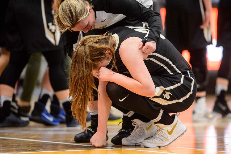 Trent Nelson  |  The Salt Lake Tribune
Lone Peak's Emma Clark (35) reacts to the loss as Lone Peak faces Copper Hills in the 5A high school girls basketball state championships at Salt Lake Community College in Taylorsville, Wednesday February 22, 2017.