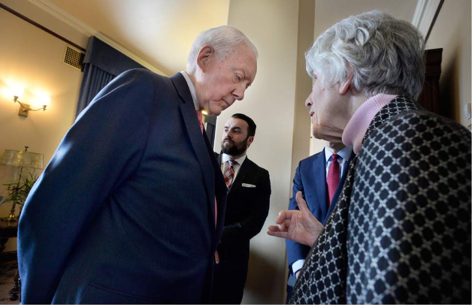 Scott Sommerdorf | The Salt Lake Tribune 
U.S. Senator Orrin Hatch, R-Utah, leans in to speak with homeless advocate Pamela Atkinson just prior to speaking to the Utah Senate, Wednesday, February 22, 2017. Atkinson was discussing the recent changes in immigration law coming from the White House.