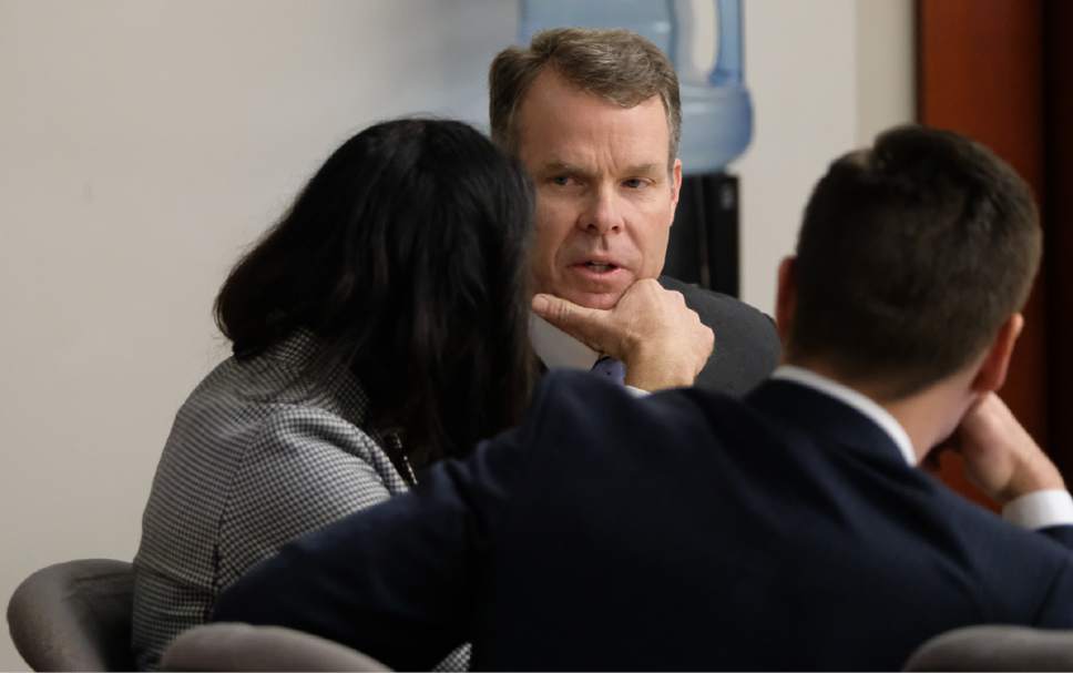 Francisco Kjolseth | The Salt Lake Tribune
Former Utah Attorney General John Swallow joined by his defense team Cara Tangaro and Brad Anderson appears in court on day 10 of his public-corruption trial in Salt Lake City, Wednesday, February 22, 2017.