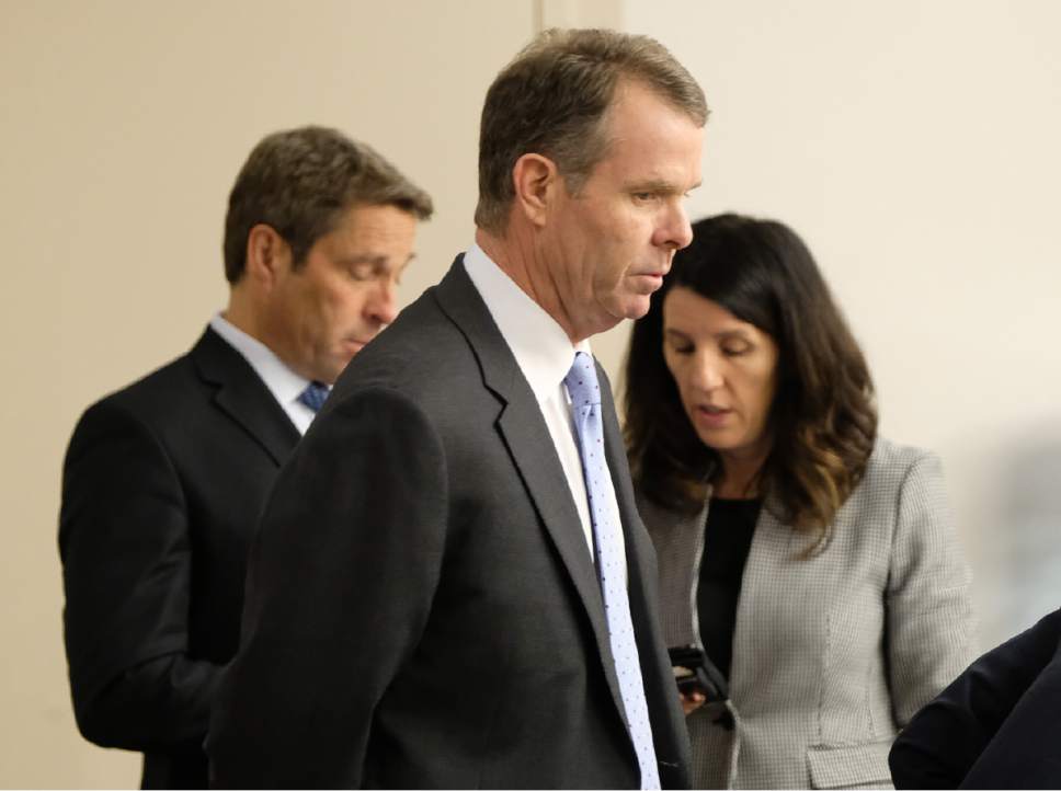 Francisco Kjolseth | The Salt Lake Tribune
Former Utah Attorney General John Swallow, center, appears in court on day 10 of the Swallow public-corruption trial in Salt Lake City, Wednesday, February 22, 2017, alongside his attorneys Scott C. Williams and Cara Tangaro.