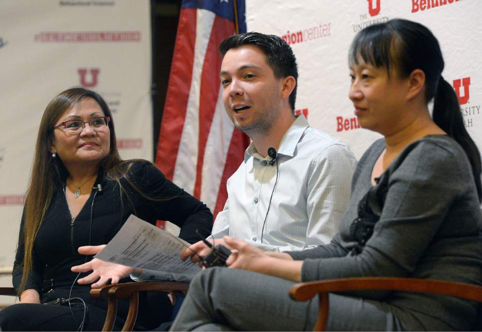 Al Hartmann  |  The Salt Lake Tribune
Marlene Gonzalez, immigration attorney, left,  Luis Garza, Director, Comunidades Unidas, and  Ze Min Ziao, Director of the Office of New Americans and Refugees, Salt Lake County Mayor's Office join in a  panel discussion about what the latest immigration policies mean at a forum sponsored by the Bennion Center at the University of Utah Thursday Feb. 23.