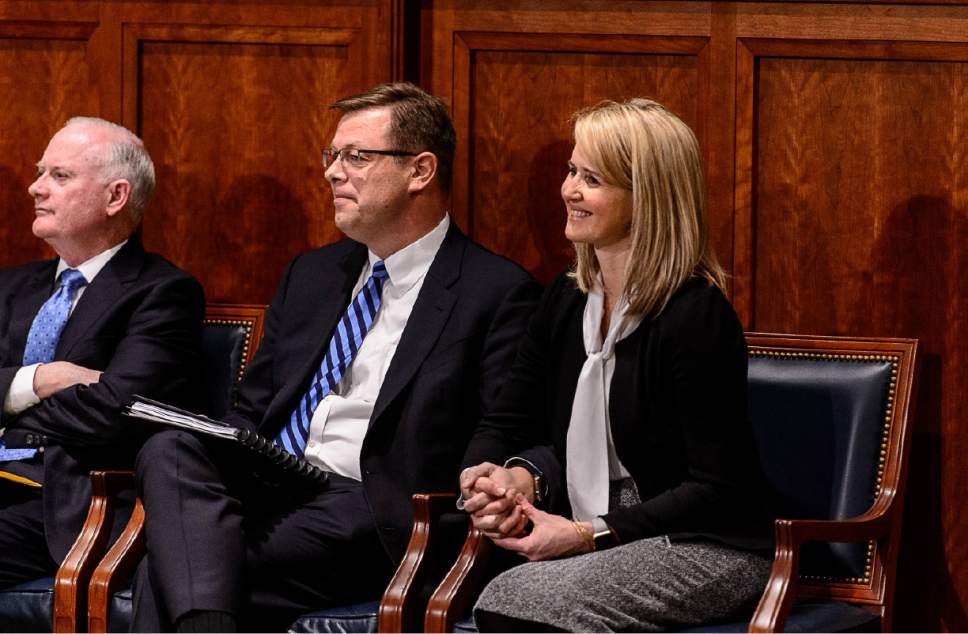 Trent Nelson  |  The Salt Lake Tribune
Clark and Christine Gilbert, at a news conference announcing the church's new education program BYU Pathway Worldwide, which Clark Gilbert will run, in Salt Lake City, Tuesday February 7, 2017. At left is Kim B. Clark, General Authority Seventy.