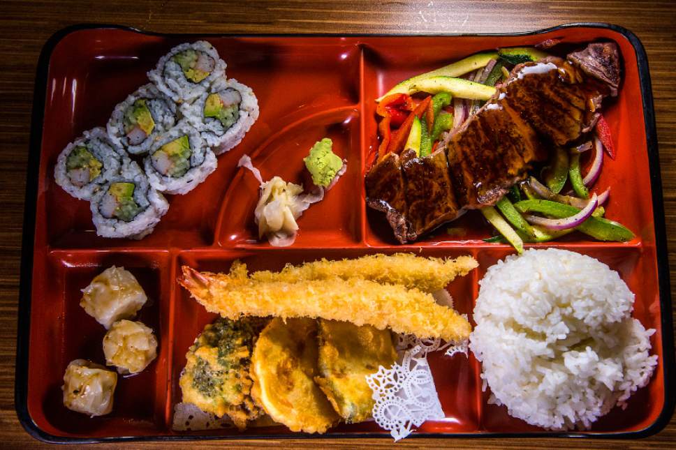 Chris Detrick  |  The Salt Lake Tribune
Beef teriyaki box with tempura vegetables, white rice, shumai and a California roll ($16.95)at Mizu Sushi in West Valley City Tuesday February 14, 2017.