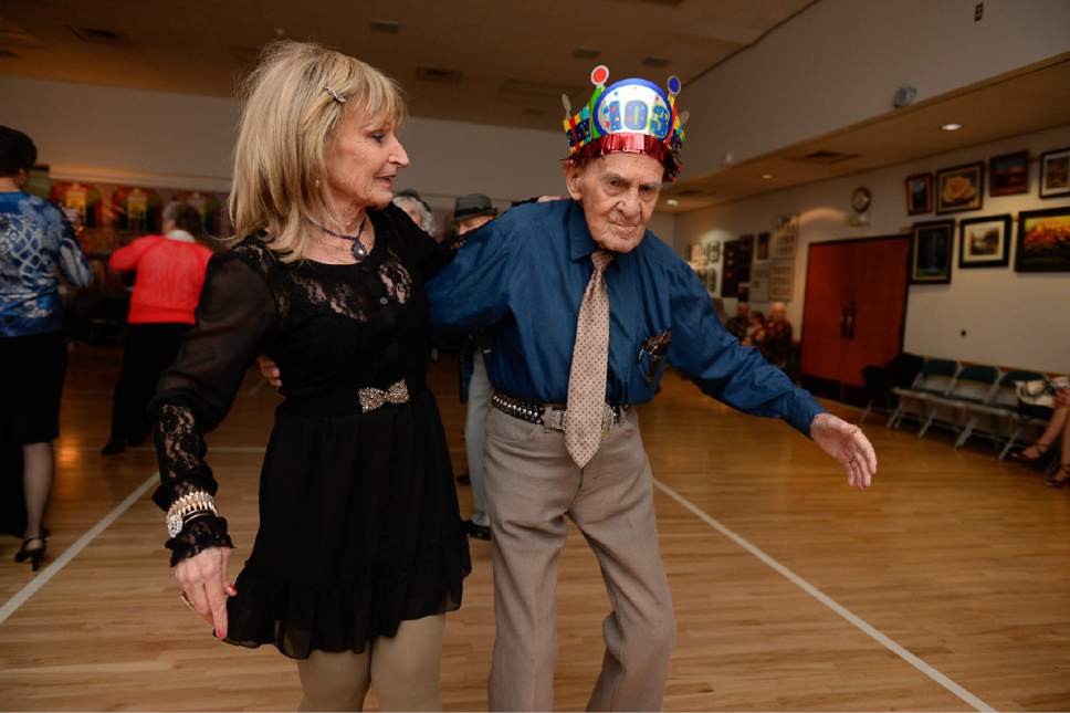 Francisco Kjolseth | The Salt Lake Tribune
Judy Summerhays has a little fun on the dance floor with Karl Tinggaard as he celebrates his 103 birthday by doing what he does every week, dancing at the Heritage Center in Murray on Thursday, February 23, 2017.
