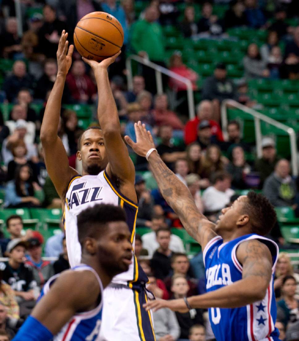 Lennie Mahler  |  The Salt Lake Tribune

Rodney Hood shoots over Isaiah Canaan in the first half of a game against the Philadelphia 76ers at Vivint Smart Home Arena, Monday, Dec. 28, 2015.