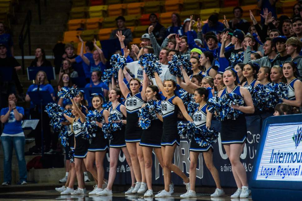 Chris Detrick  |  The Salt Lake Tribune
Carbon High School cheerleaders and students cheer during the 3A playoff basketball game at Dee Glen Smith Spectrum in Logan Thursday February 23, 2017. Carbon defeated Desert Hills 59-44.