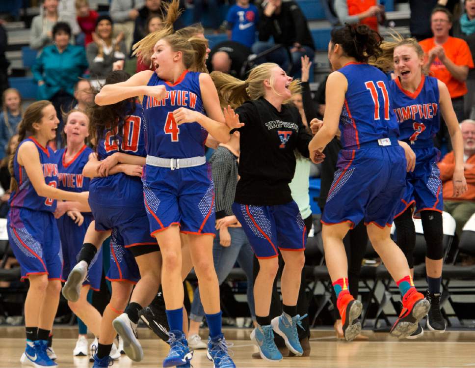 Rick Egan  |  The Salt Lake Tribune

Timpview celebrates their 55-54 win over Springville, in 4A State playoff action, at SLCC, Thursday, February 23, 2017.