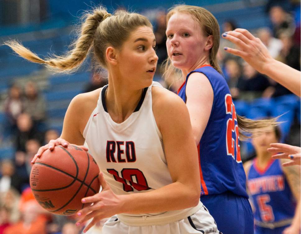 Rick Egan  |  The Salt Lake Tribune

Springville Red Devils Savannah Sumsion (10) looks for a shot as Springville Red Devils Mariah Skinner (22) defends, in 4A State playoff action, at SLCC, Thursday, February 23, 2017.