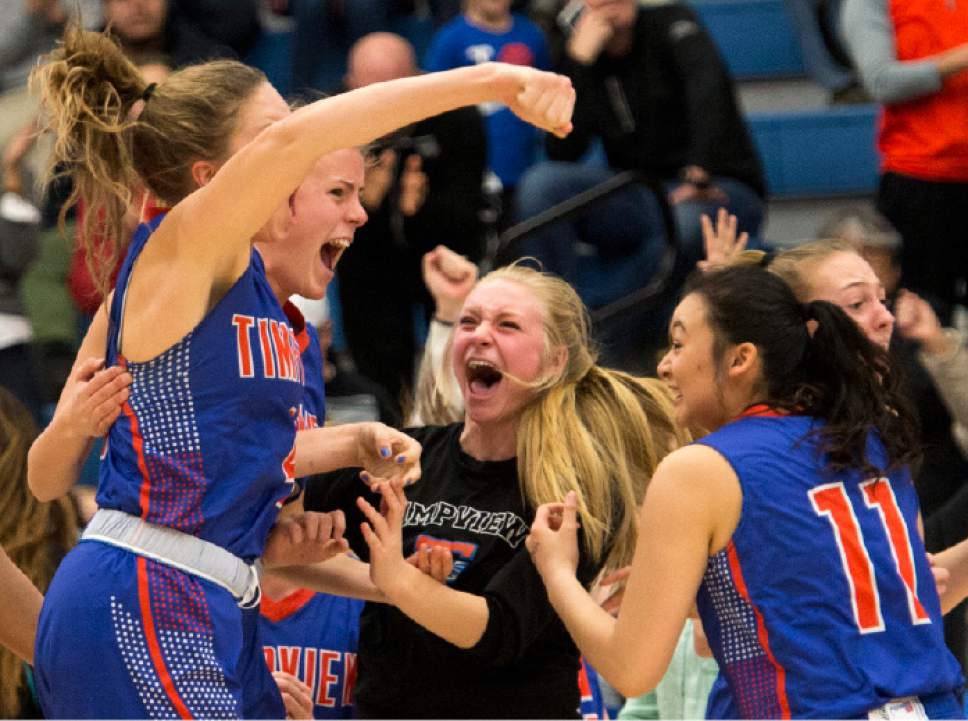 Rick Egan  |  The Salt Lake Tribune

Timpview celebrates their 55-54 win over Springville, in 4A State playoff action, at SLCC, Thursday, February 23, 2017.