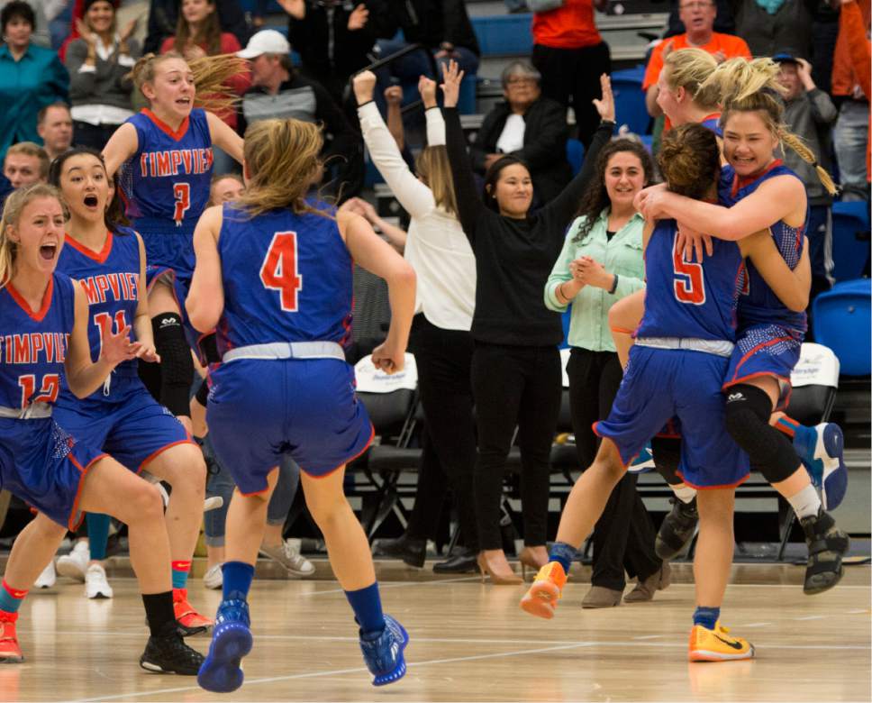 Rick Egan  |  The Salt Lake Tribune

Timpview celebrates their 55-54 win over Springville, in 4A State playoff action, at SLCC, Thursday, February 23, 2017.