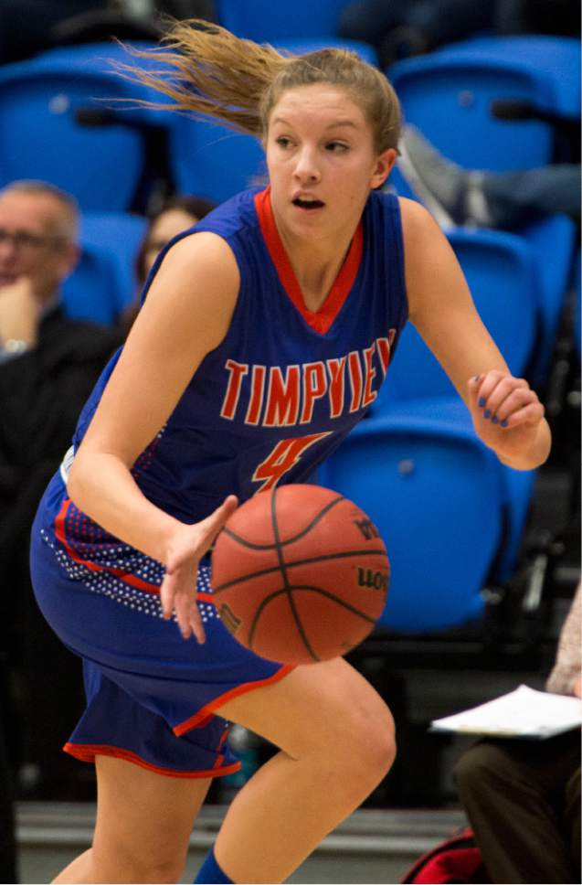 Rick Egan  |  The Salt Lake Tribune

Timpview Thunderbirds Ella Pope (4) brings the ball down court, in 4A State playoff action, at SLCC, Thursday, February 23, 2017.