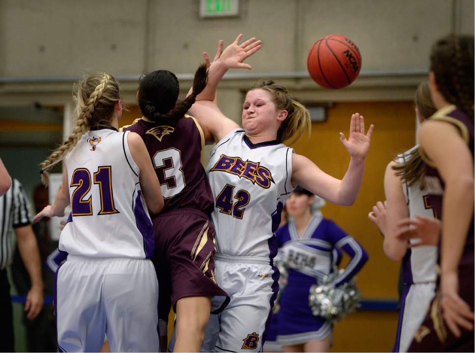 Scott Sommerdorf | The Salt Lake Tribune 
Box Elder's Addisyn Peacock recoils from a foul as Box Elder beat Mapleton 49-46 in a girl's 4A playoff game played at SLCC, Thursday, February 23, 2017.
