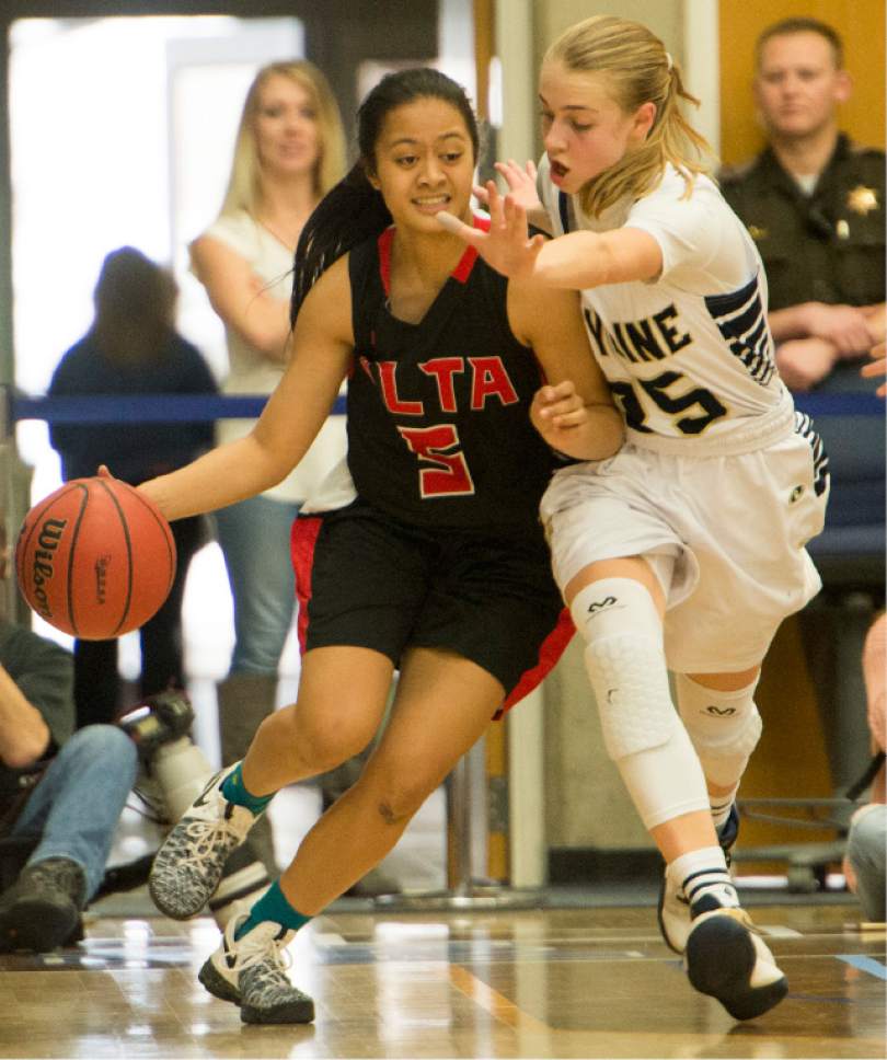 Rick Egan  |  The Salt Lake Tribune

Alta Hawks Kamry Pan (5) brings the ball down court, as Skyline Eagles Hannah Anderl (15) defends, in 4A State playoff action, Skyline vs. Alta, at SLCC, Thursday, February 23, 2017.