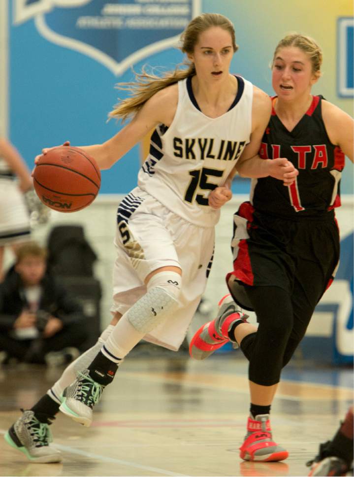 Rick Egan  |  The Salt Lake Tribune

Skyline Eagles Hannah Anderl (15) breaks for the basket, as Alta Hawks Mariah Martin (1) defends, in 4A State playoff action, Skyline vs. Alta, at SLCC, Thursday, February 23, 2017.