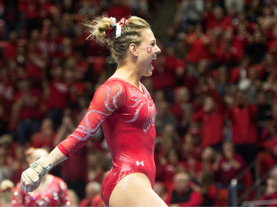 Rick Egan  |  The Salt Lake Tribune

Tiffani Lewis reacts after her performance on the floor for the Utes, in gymnastics action, Utah vs UCLA, at the Huntsman Center, Saturday, February 18, 2017.