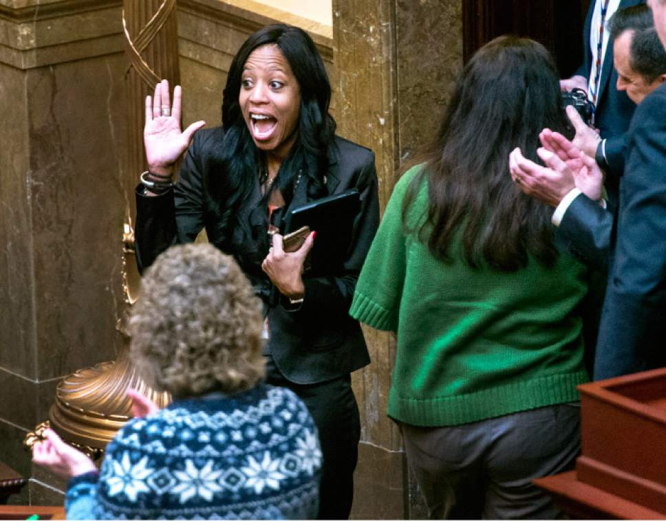 Steve Griffin  |  The Salt Lake Tribune


A surprised Rep. Mia Love waves as she is greeted by a standing ovation as she visits the Utah House of Representatives at the State Capitol in Salt Lake City Thursday February 23, 2017