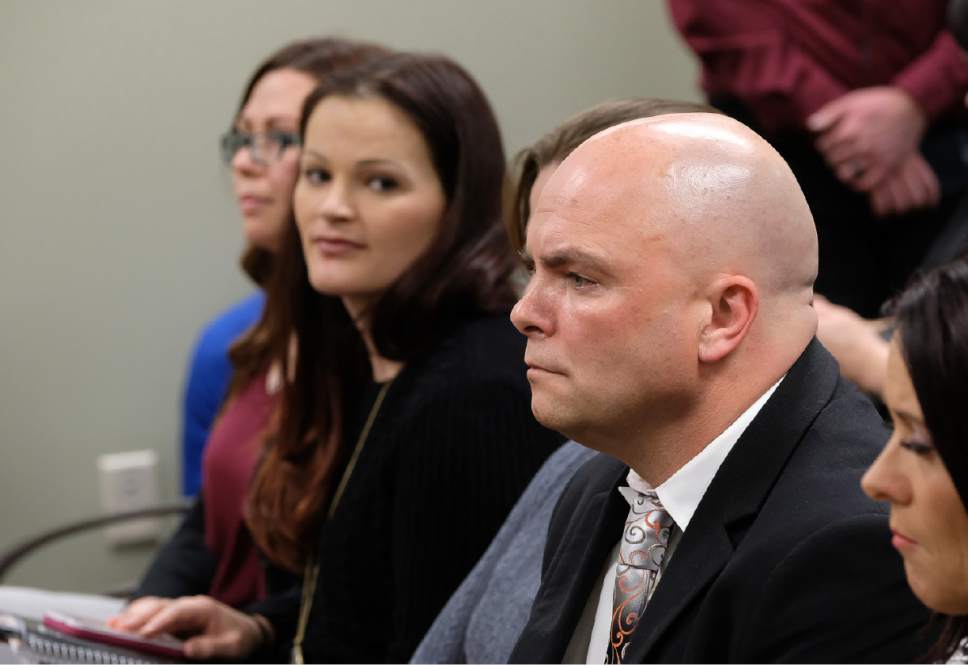 Francisco Kjolseth | The Salt Lake Tribune
Polygamist Joe Darger, right, attends a hearing for HB99, a bill amending Utah's bigamy statute, as it goes back to the House Judiciary Committee for another hearing at the Utah Capitol on Tuesday, Feb. 7, 2017. At left are Luanne Cooper, a former member of the Polygamist Kingston clan and Jessica Christensen of the show "Escaping Polygamy."