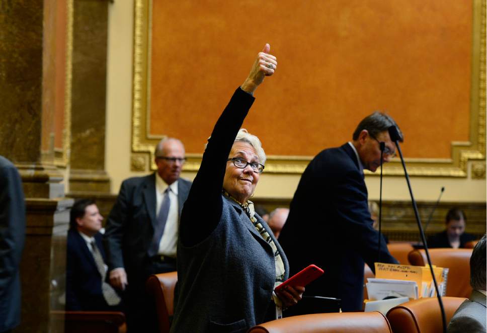 Scott Sommerdorf   |   Tribune file photo
Rep. Carol Spackman Moss, D-Holladay, enthusiastically votes "yes" during floor time in the Utah House of Representatives, Thursday, February 18, 2016.