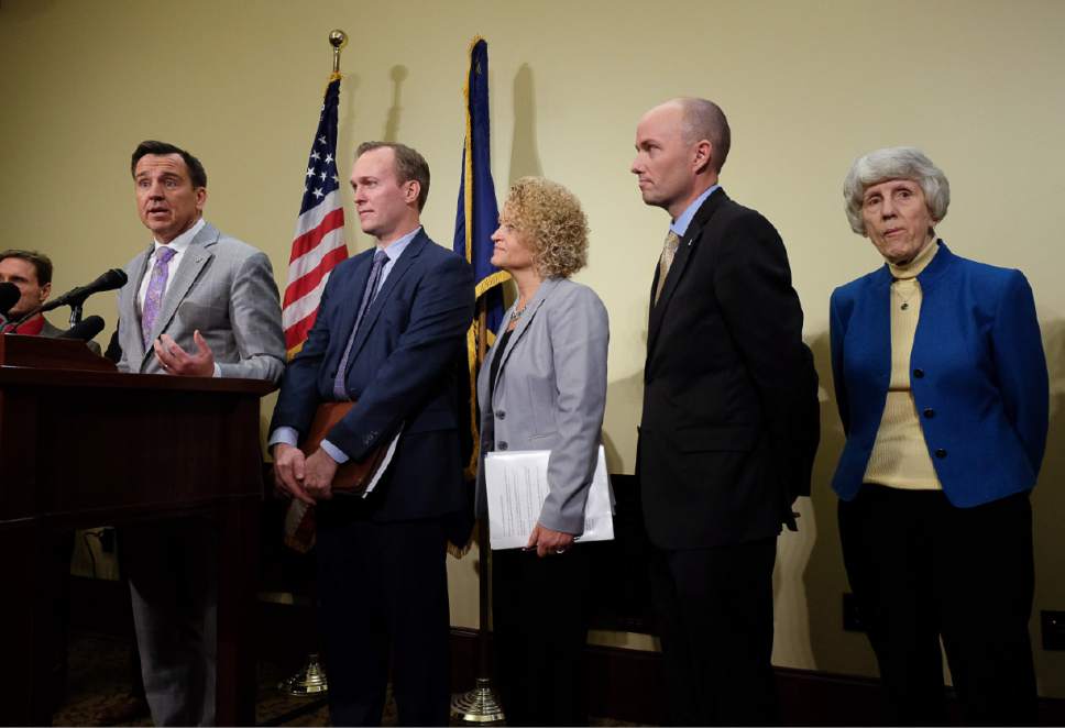 Francisco Kjolseth | The Salt Lake Tribune
Speaker of the House of Representatives Greg Hughes, R-Draper, left, is joined by other Utah leaders in announcing that the city is dropping two of four planned homeless resource centers during a press announcement at the Utah Capitol on Friday, February 24, 2017. Also pictured are Salt Lake County Mayor Ben McAdams, Salt Lake City Mayor Jackie Biskupski, Lt. Gov. Spencer Cox and advocate for the homeless Pamela Atkinson.