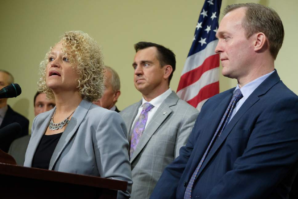 Francisco Kjolseth | The Salt Lake Tribune
Salt Lake City Mayor Jackie Biskupski is joined by other Utah leaders in announcing that the city is dropping two of four planned homeless resource centers during a press announcement at the Utah Capitol on Friday, February 24, 2017. To her right are speaker of the house Greg Hughes, R-Draper, and Salt Lake County Mayor Ben McAdams.