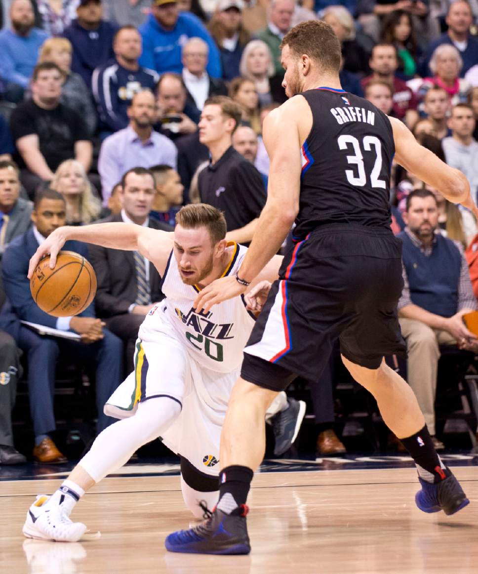 Lennie Mahler  |  The Salt Lake Tribune

Gordon Hayward tries to get around Blake Griffin in the first half of a basketball game between the Utah Jazz and the LA Clippers at Vivint Smart Home Arena, Monday, Feb. 13, 2017.