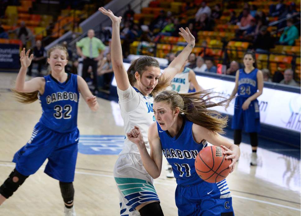 Scott Sommerdorf | The Salt Lake Tribune 
Carbon's Kelsey Sorenson drives the baseline during second half play. Juan Diego beat Carbon 53-50 in a Girl's 3A playoff played at USU, Friday, February 24, 2017.